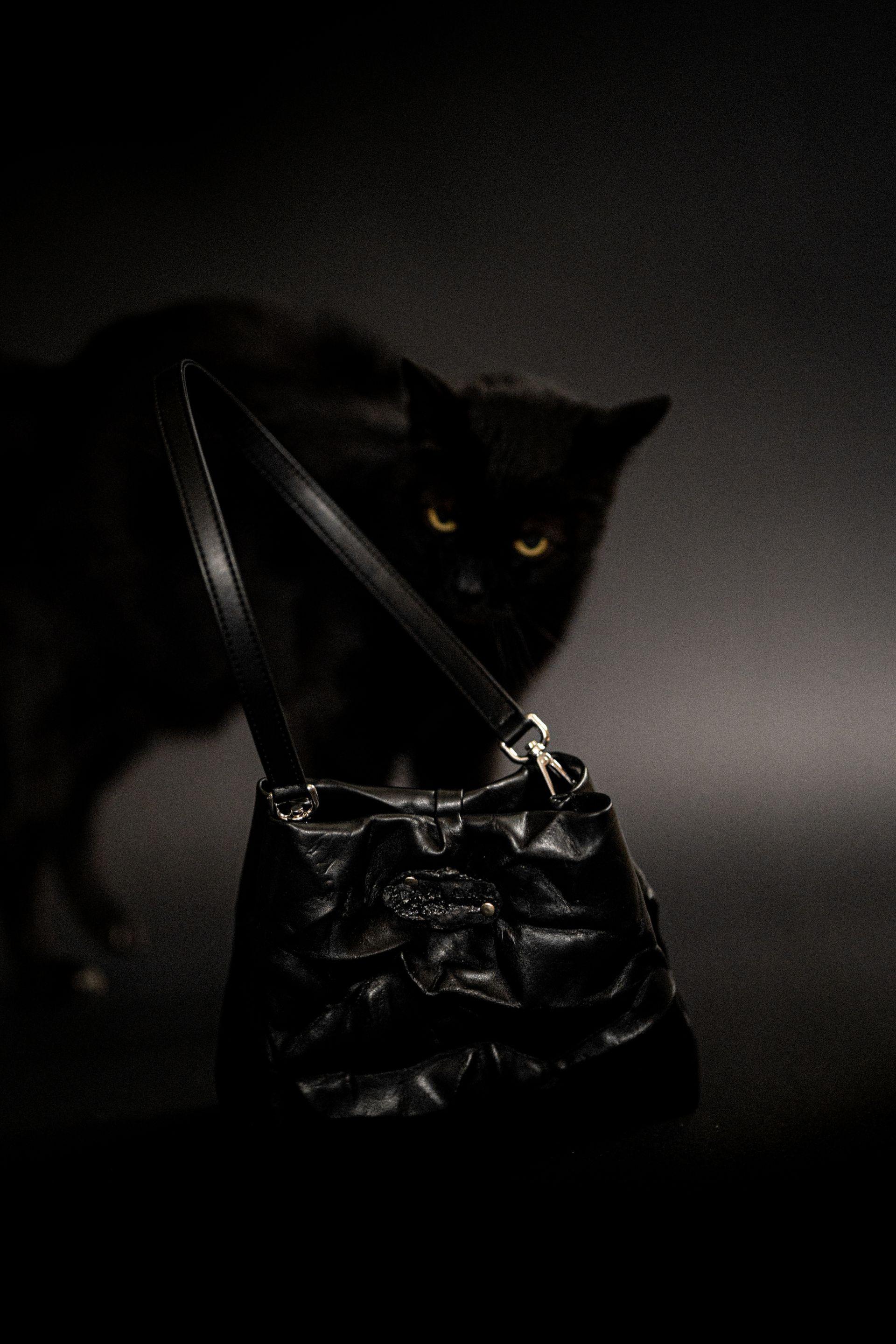 Black leather bag made of plant based leather with a black cat