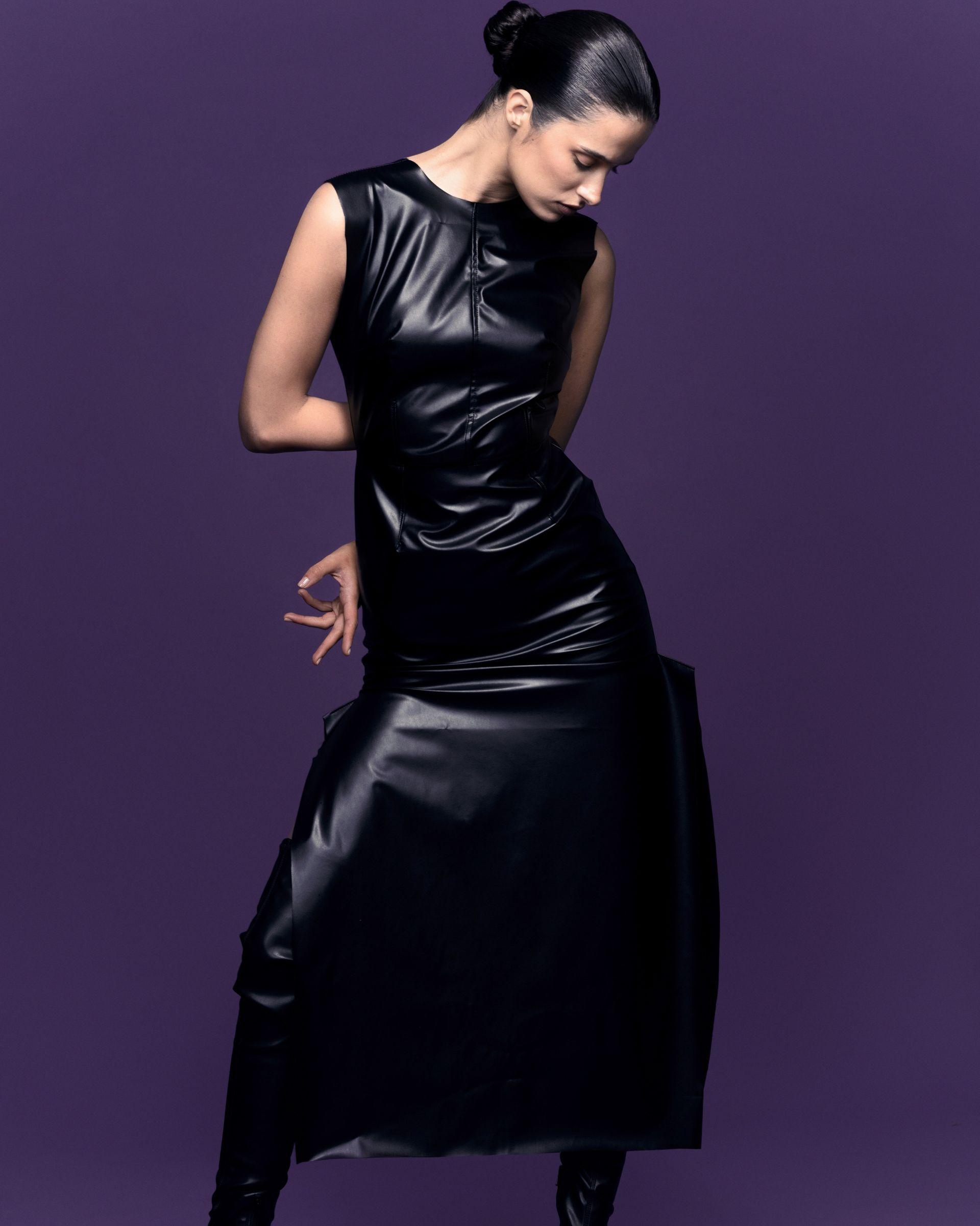 Black dress made of leather using vegan leather of Sabant